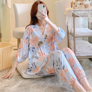 女棉绸夏季七分袖薄款睡衣两件套