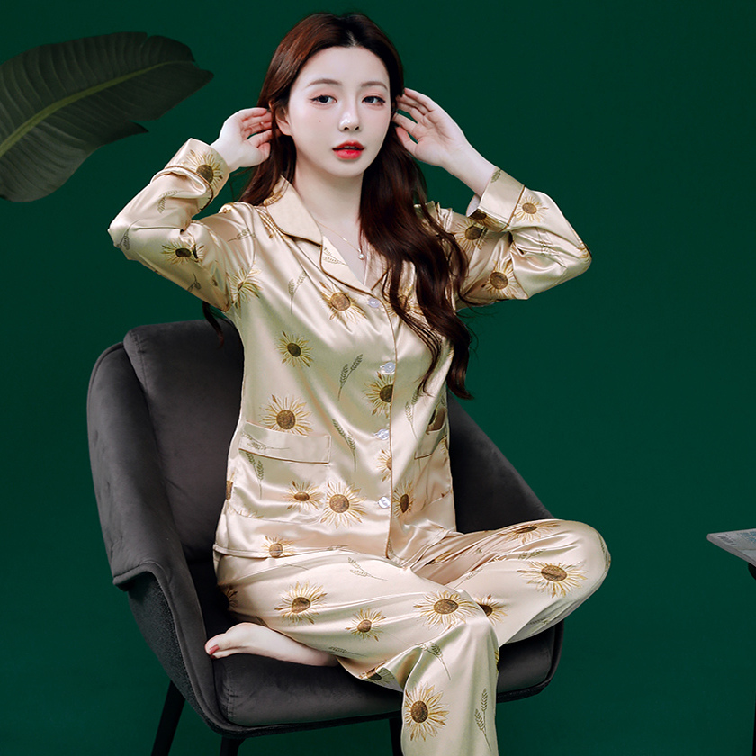 春秋季新款女士冰丝丝绸睡衣套装