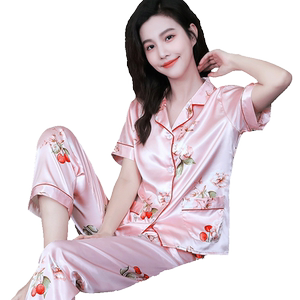 短袖长裤顺滑丝绸性感睡衣女套装