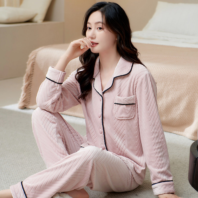 秋冬天珊瑚绒开衫女士睡衣长袖保暖春秋季海岛绒女款可外穿家居服