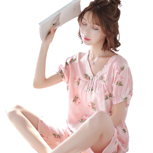 睡衣女夏季薄款棉绸女士睡衣套装大码休闲清新可爱绵绸家居服套装