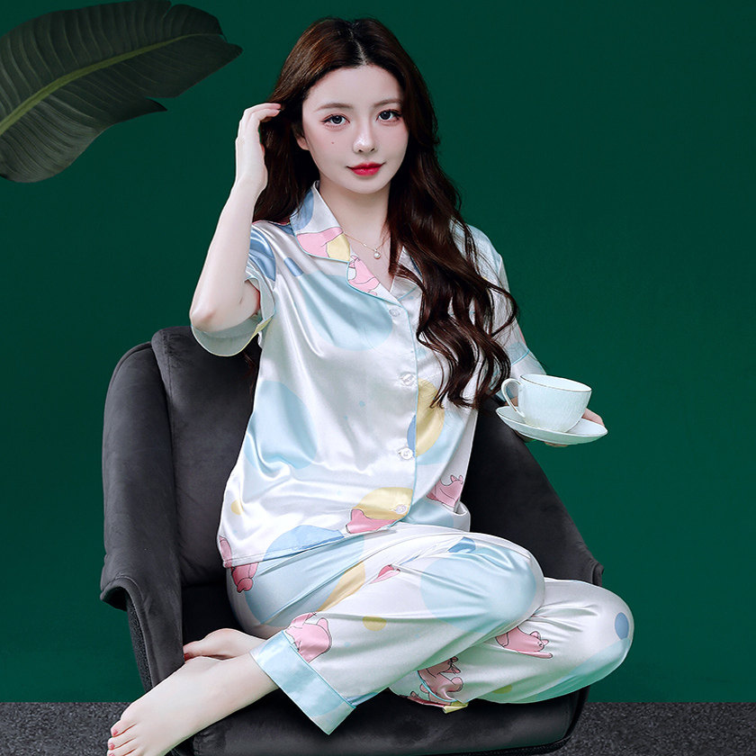 春夏季短袖长裤薄款冰丝丝绸女士睡衣套装清新可爱女款夏天家居服