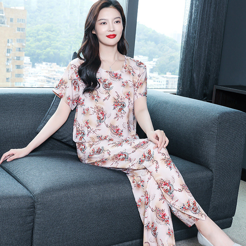 夏季中老年短袖薄款棉绸女士睡衣