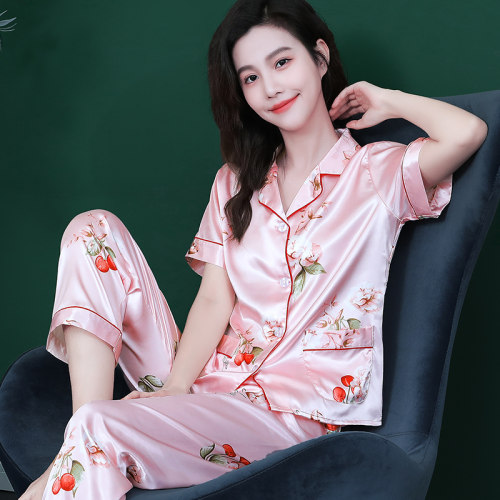 短袖长裤顺滑丝绸性感睡衣女套装