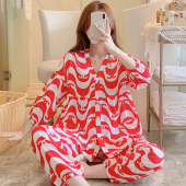 胖MM大码 人棉套装 红色 家居服绵绸薄款 棉绸睡衣女春秋夏妈妈七分袖