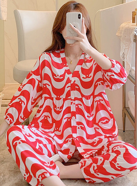 棉绸睡衣女春秋夏妈妈七分袖家居服绵绸薄款人棉套装胖MM大码红色