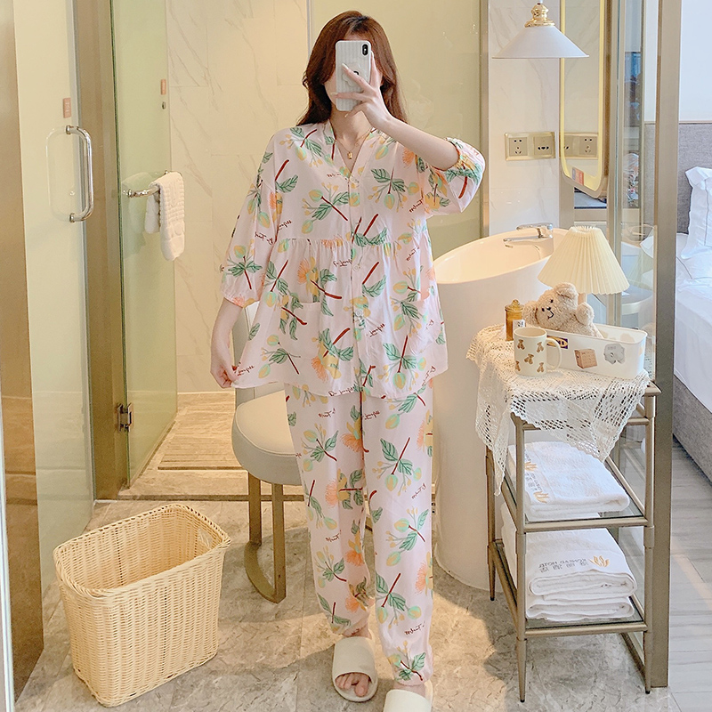 春夏季绵绸睡衣女套装七分袖薄款棉绸韩版空调服人造棉宽松家居服