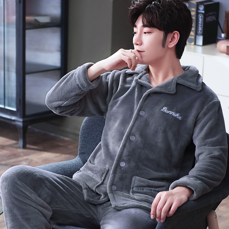 男士开衫大码加厚长袖珊瑚绒春秋套装睡衣可外穿法兰绒冬季家居服