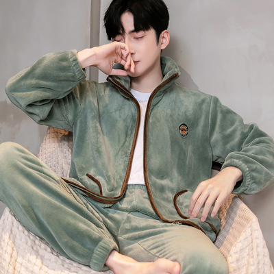加厚保暖拉链秋冬款珊瑚绒睡衣男