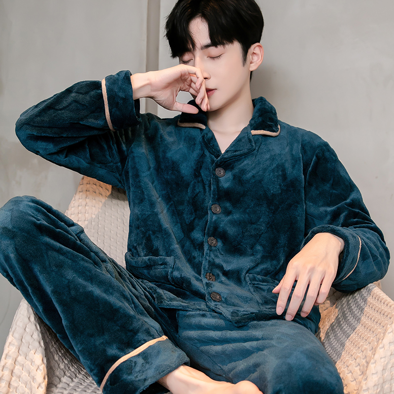 加厚加绒珊瑚绒出门款男士睡衣