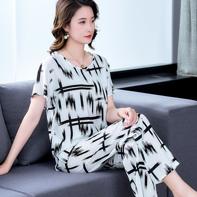 中老年女士棉绸短袖薄款睡衣套装