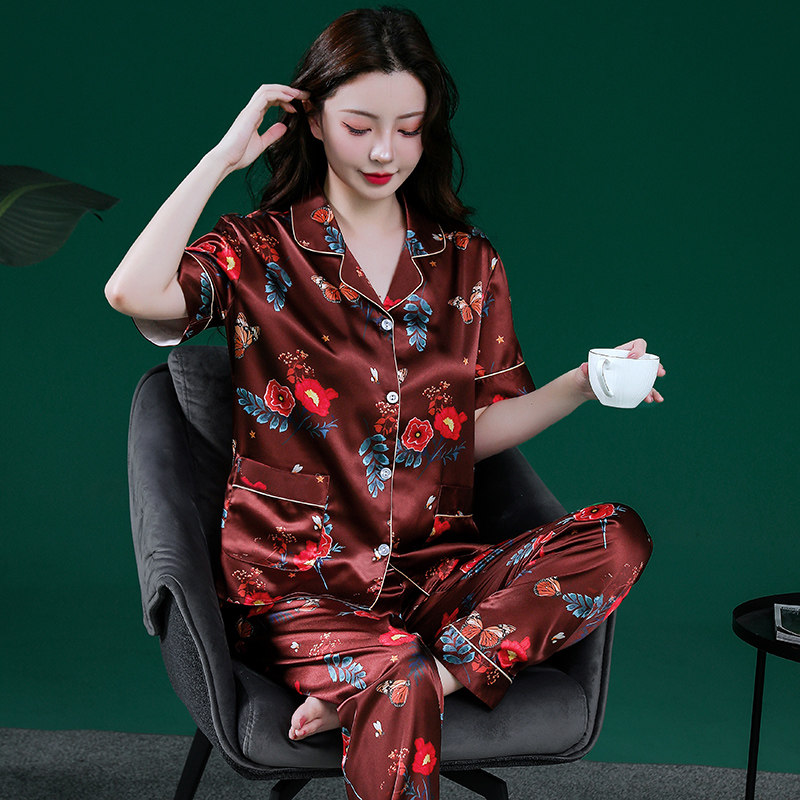 家居服女款2026新款春夏季短袖薄款丝绸女士宽松印花冰丝睡衣套装