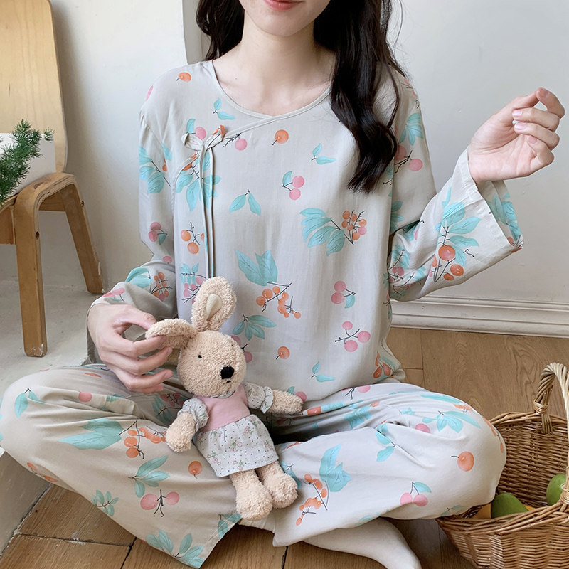 中国风睡衣女春夏季长袖薄款棉绸女士套装大码宽松中年妈妈家居服