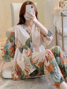 2024新款 大码 睡衣女春秋款 棉绸女士套装 空调服家居服 宽松薄款 夏季