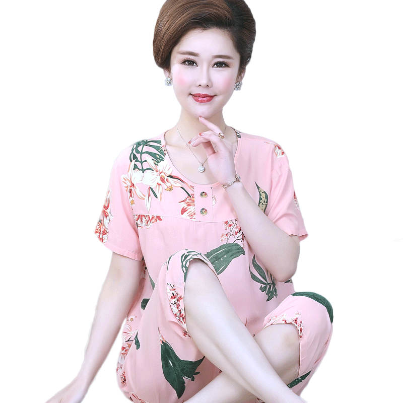中老年睡衣女夏季妈妈绵绸短袖夏季加大码棉绸家居服两件套装薄款