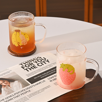 原创草莓猫咪玻璃杯高硼硅水杯