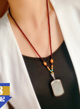 天然黑檀木足银心经吊坠搭配血珀原创珠链配蜜蜡绿松石女原创项链