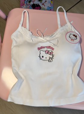 KITTY辣妹带胸垫吊带背心白色凯蒂猫夏季少女甜辣风修身抹胸上衣