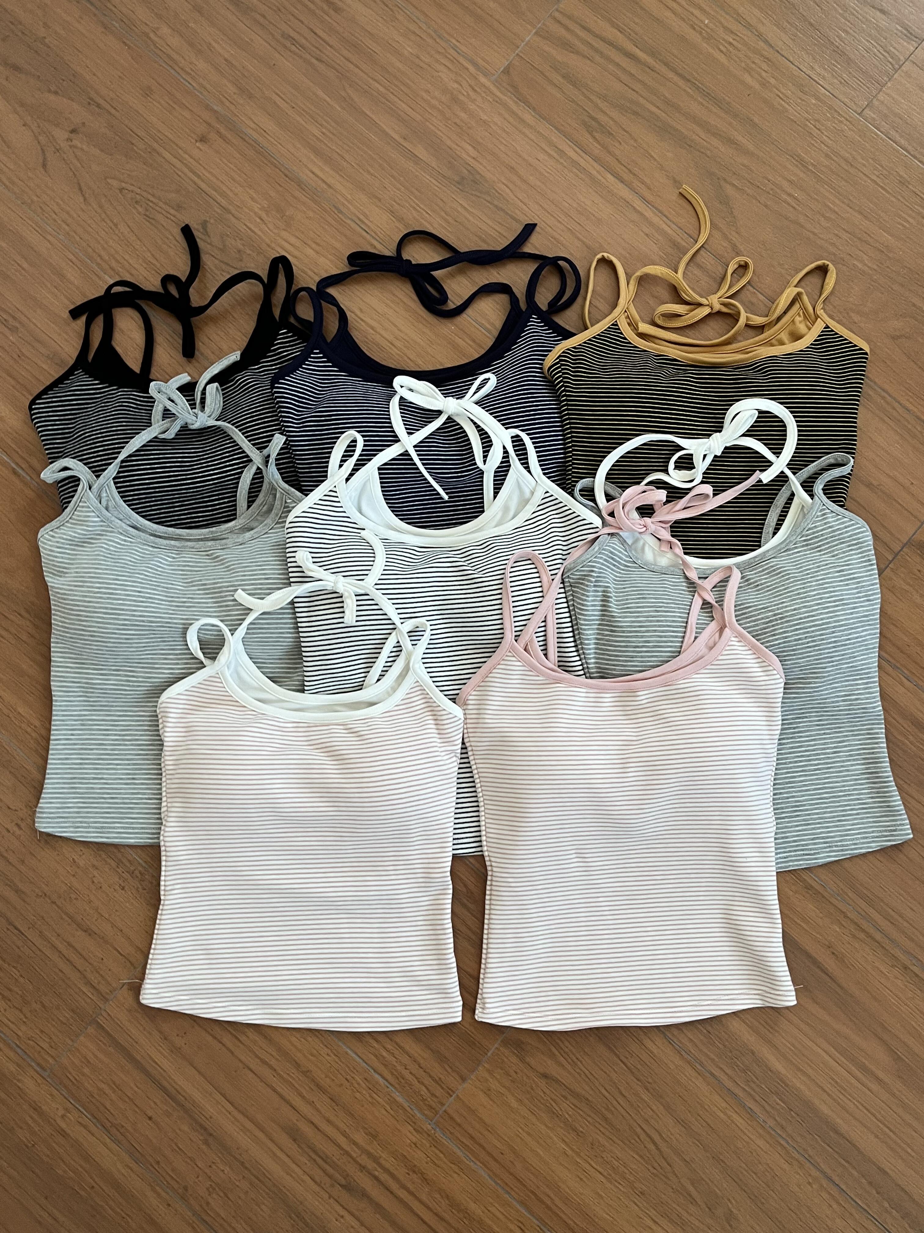 Barbiegirlstore 假两件粉色条纹挂脖吊带背心女甜辣妹打底上衣