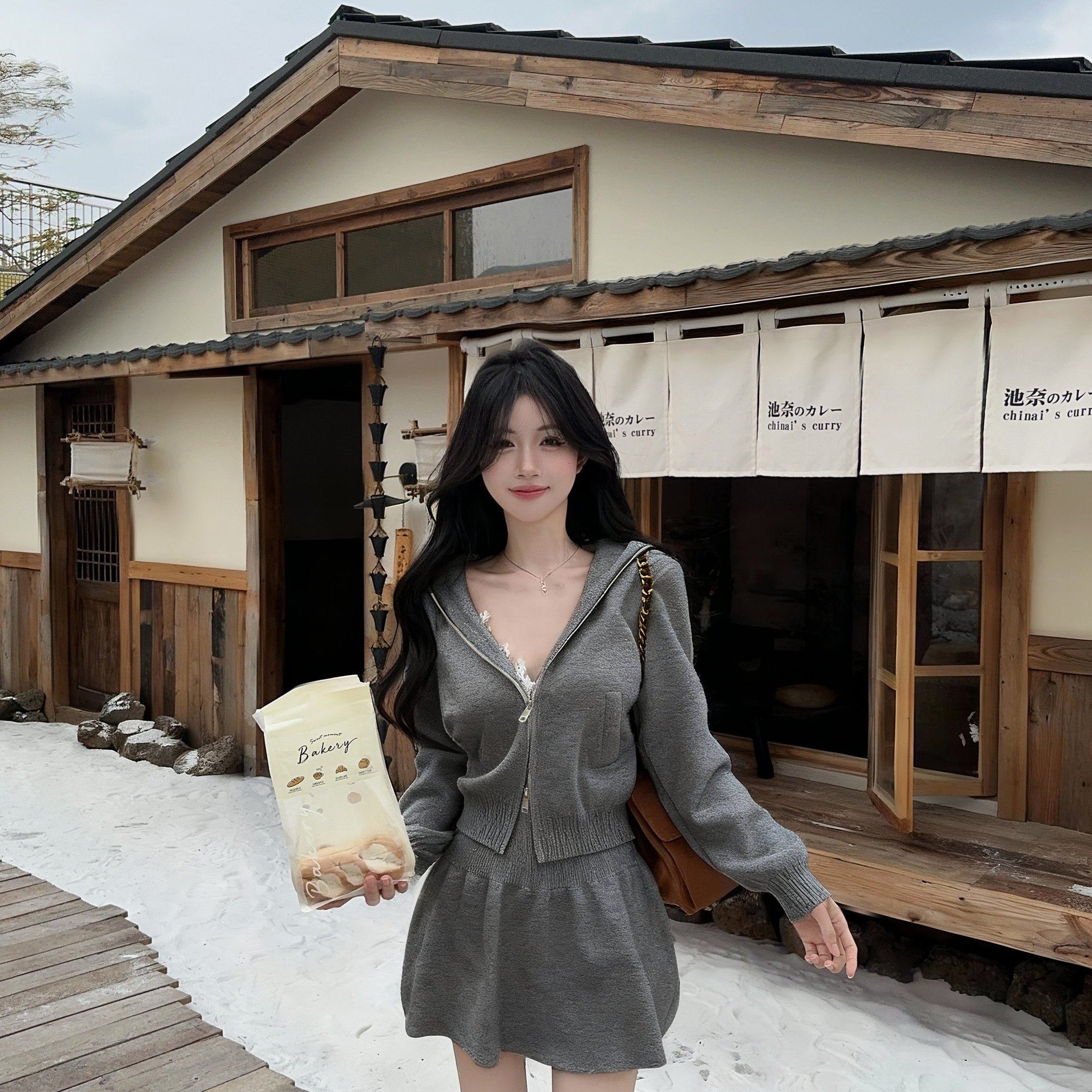 实拍实价    休闲时尚慵懒感毛衣开衫高腰半身裙针织两件套