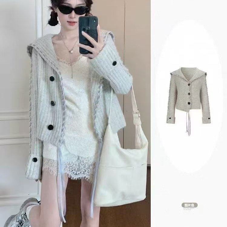 设计感飘带大翻领毛衣外套女夏季2025新款少女感显瘦灰色针织开衫