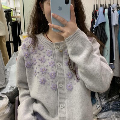 慵懒高级感灰色重工刺绣针织开衫女秋冬季加厚独特超好看毛衣外套