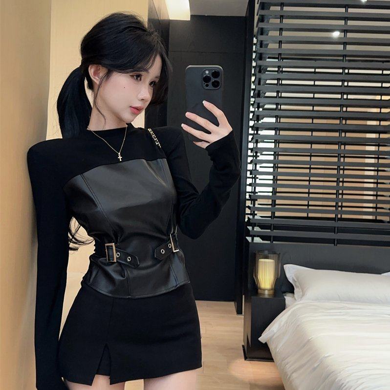 实拍实价 半高领PU皮拼接长袖t恤女秋磨毛修身显瘦打底上衣