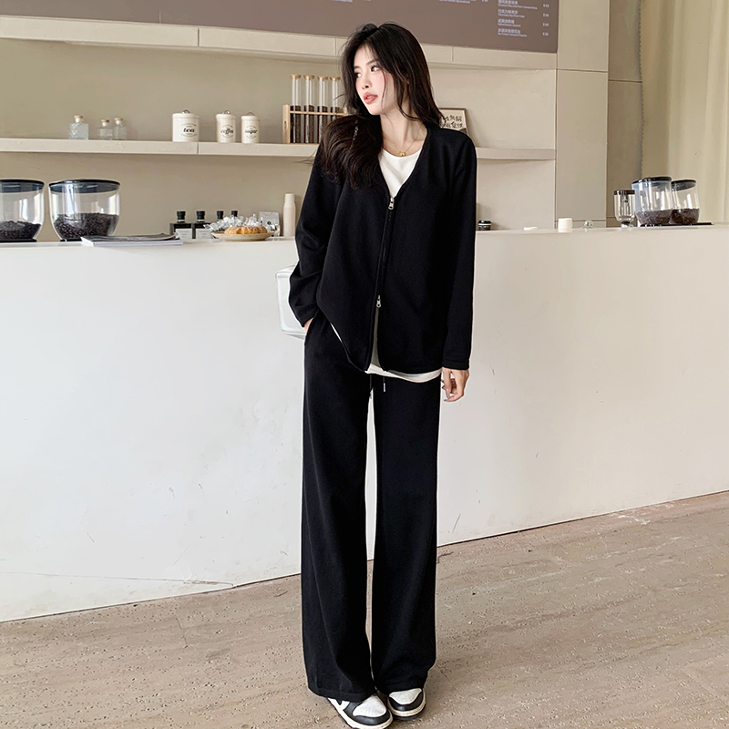 实拍~大码时尚套装秋季长袖上衣胖MM休闲运动直筒阔腿裤子两件套