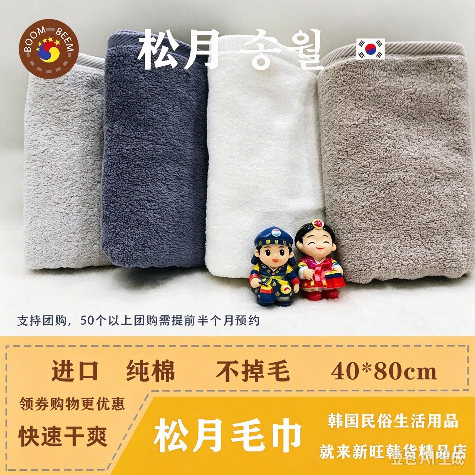 【07】韩国松月毛巾纯棉洗脸家用成人儿童速干加大吸水柔软全棉