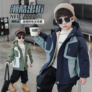 男童加绒卡绳派克服外套秋冬款2024新款儿童洋气加厚男孩保暖棉衣