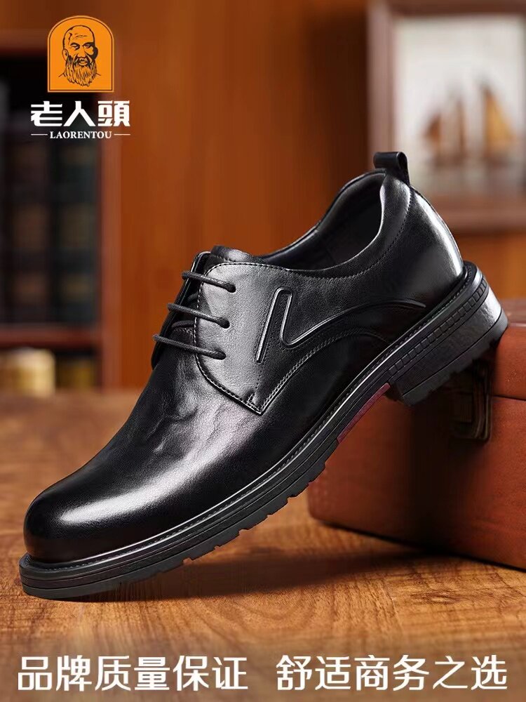 老人头皮鞋男士小牛皮商务正装德比鞋真皮休闲男鞋黑色结婚新郎鞋