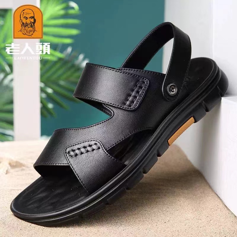 老人头凉鞋男2025夏季真皮男士休闲沙滩鞋软底防滑外穿两用凉拖鞋