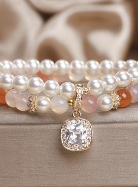 天然盐源玛瑙珍珠锆石双层手链