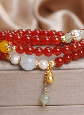 天然红玛瑙三圈手链本命年招财