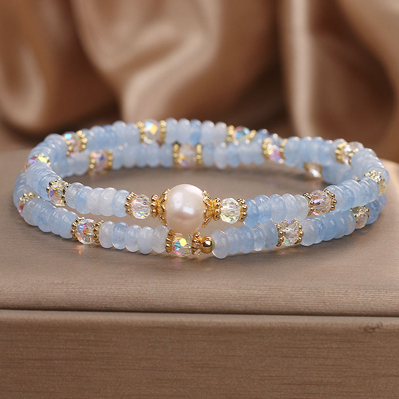 天然海蓝宝算盘珠双圈手链女