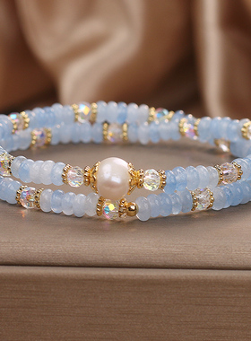 天然海蓝宝算盘珠双圈手链女