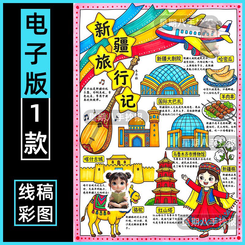 新疆旅行记手抄报新疆名胜古迹导览图假期旅游导游图涂色电子小报