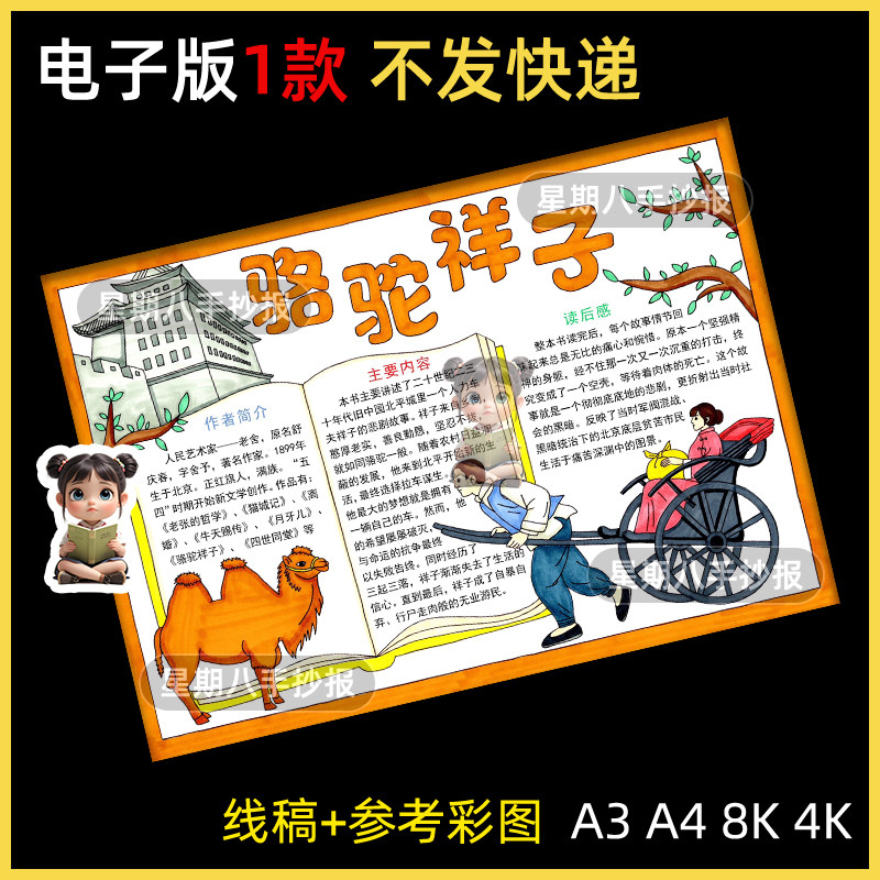 骆驼祥子老舍名著课外阅读读后感好书推荐读书小报手抄报模板线稿