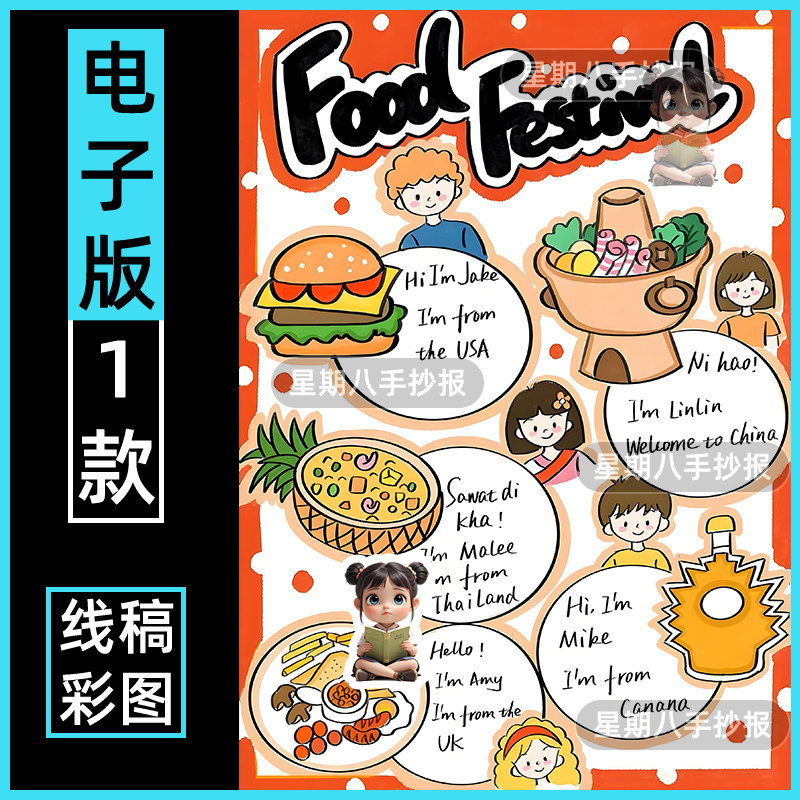 三年级下Food Festival英语世界美食节海报手抄报英文版美食竖版