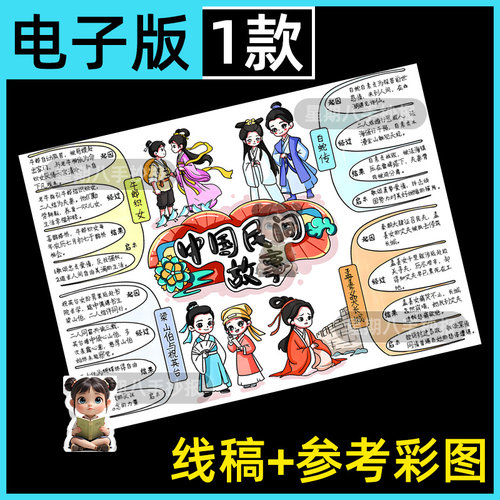 中国民间故事思维导图模版五年级上册读书卡黑白线稿电子版手抄报
