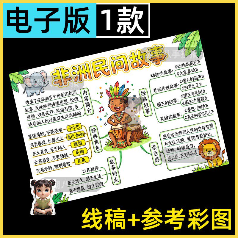 非洲民间故事思维导图手抄报模版电子版五年级上快乐读书吧线描稿