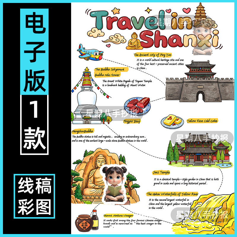 山西旅行英语手抄报假期旅行小学生家乡印象旅游路线图美食竖版a4