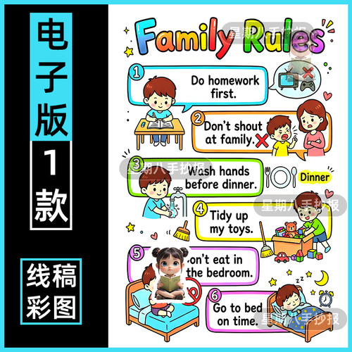2026新人教版四年级下册家庭规则英语family rules手抄报线稿海报