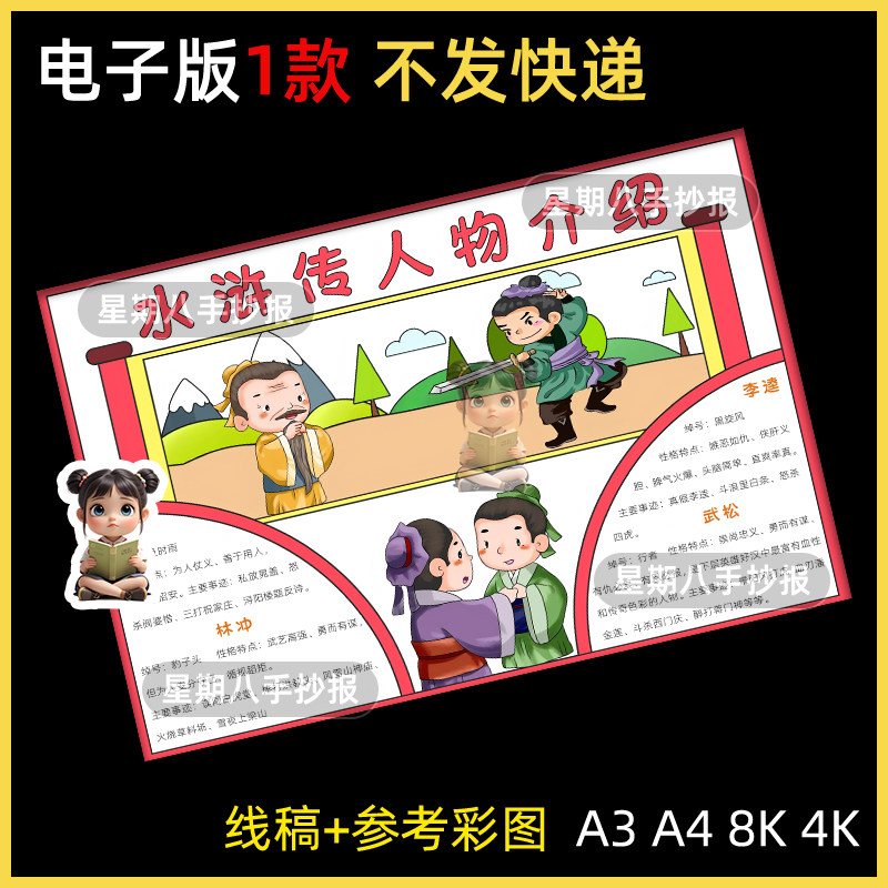 水浒传手抄报模板电子版好汉人物介绍卡读书小报宋江林冲李逵武松