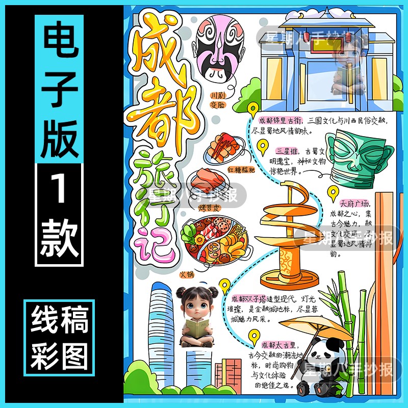 成都旅行记手抄报模板电子版小学生假期旅行旅游风景名胜古迹小报