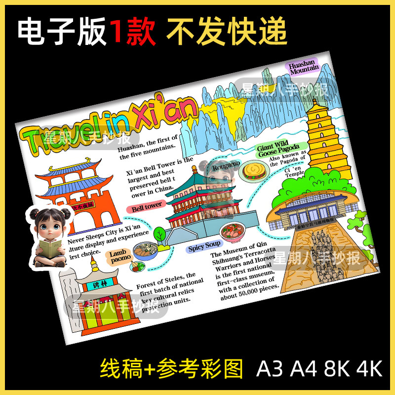 西安旅行记英语手抄报电子版暑假期旅游兵马俑西安旅游英文小报8k