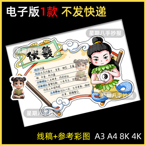 中国古代神话故事人物卡伏羲手抄报模版电子版人物信息卡名片线稿