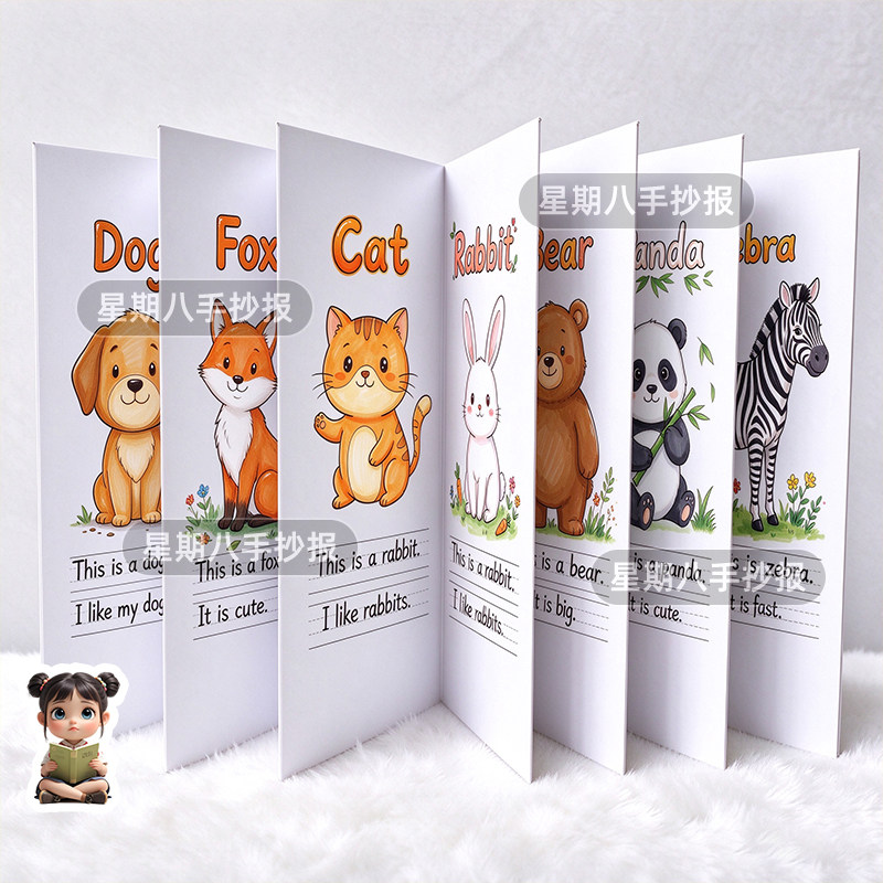 三年级英语动物翻翻书animal book绘本制作电子版手抄报线稿模板