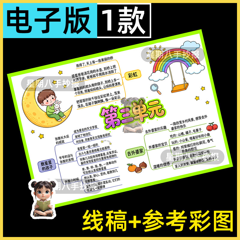 人教版语文二年级上册第三单元思维导图手抄报模版电子版黑白描稿