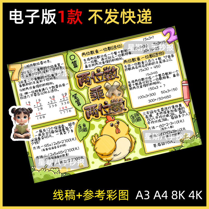 两位数乘两位数思维导图手抄报模板数学三下四知识点总结线稿小报
